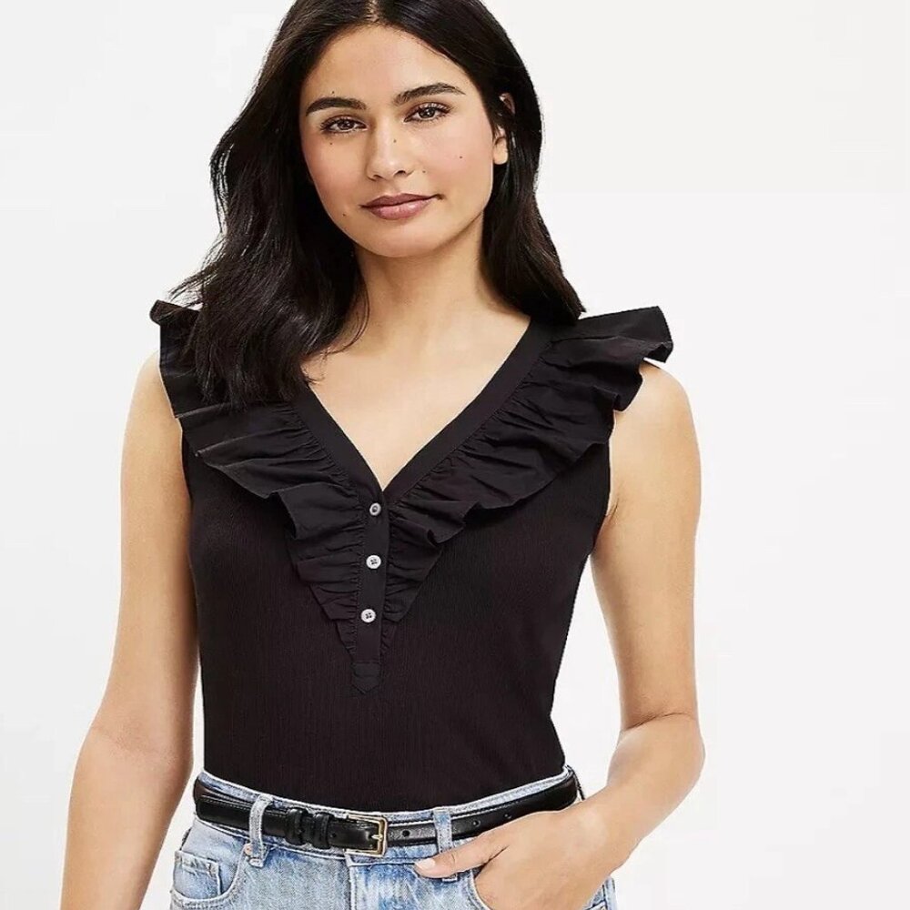 Loft Ruffle Mixed V-Neck Top Size M Black